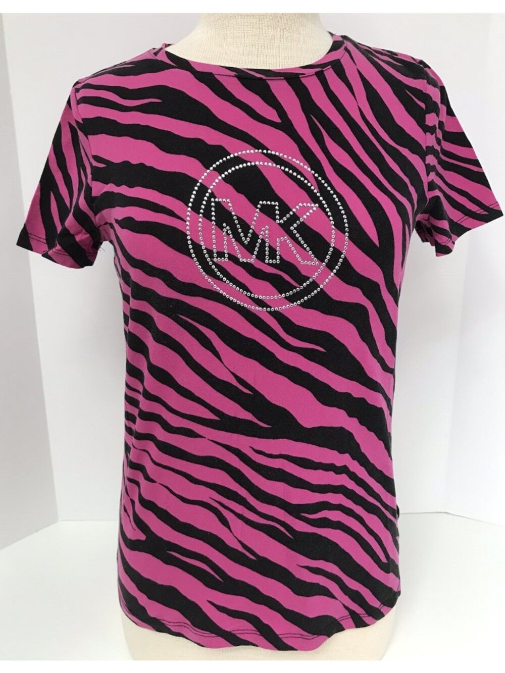 Michael Kors Pink Zebra Print T-Shirt Rhinestone Logo Womens Size Medium